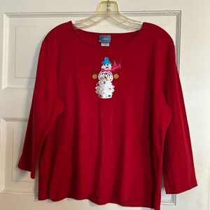Classic Elements red shirt with snowman ⛄️ on front, size Large